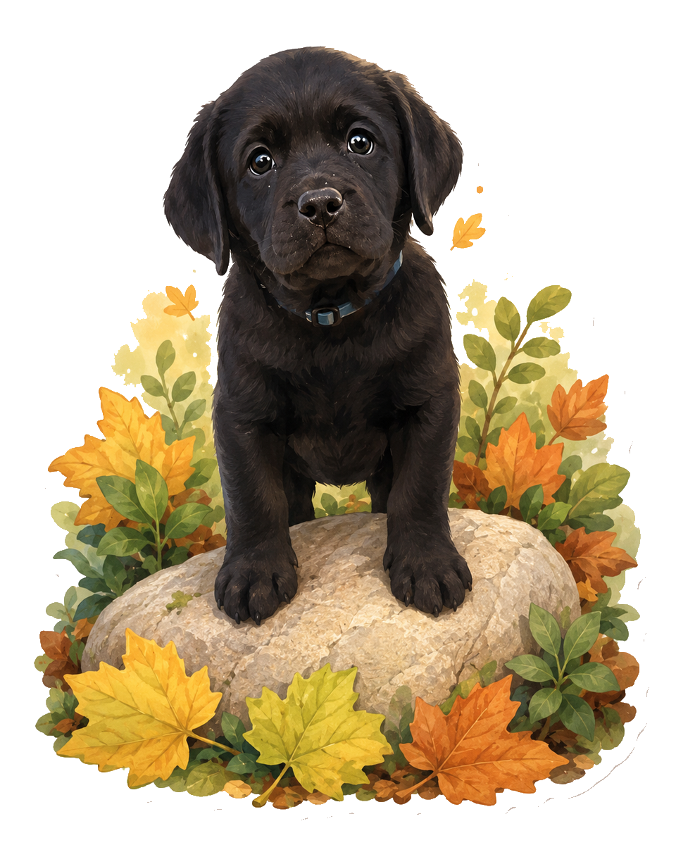 Sticker-style illustration of a black Labrador puppy