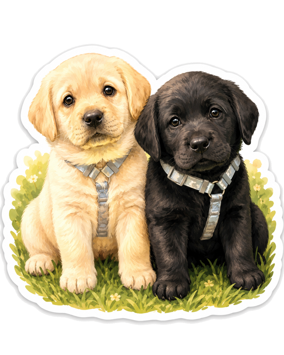 Sticker-style illustration of a black Labrador puppy with leaves