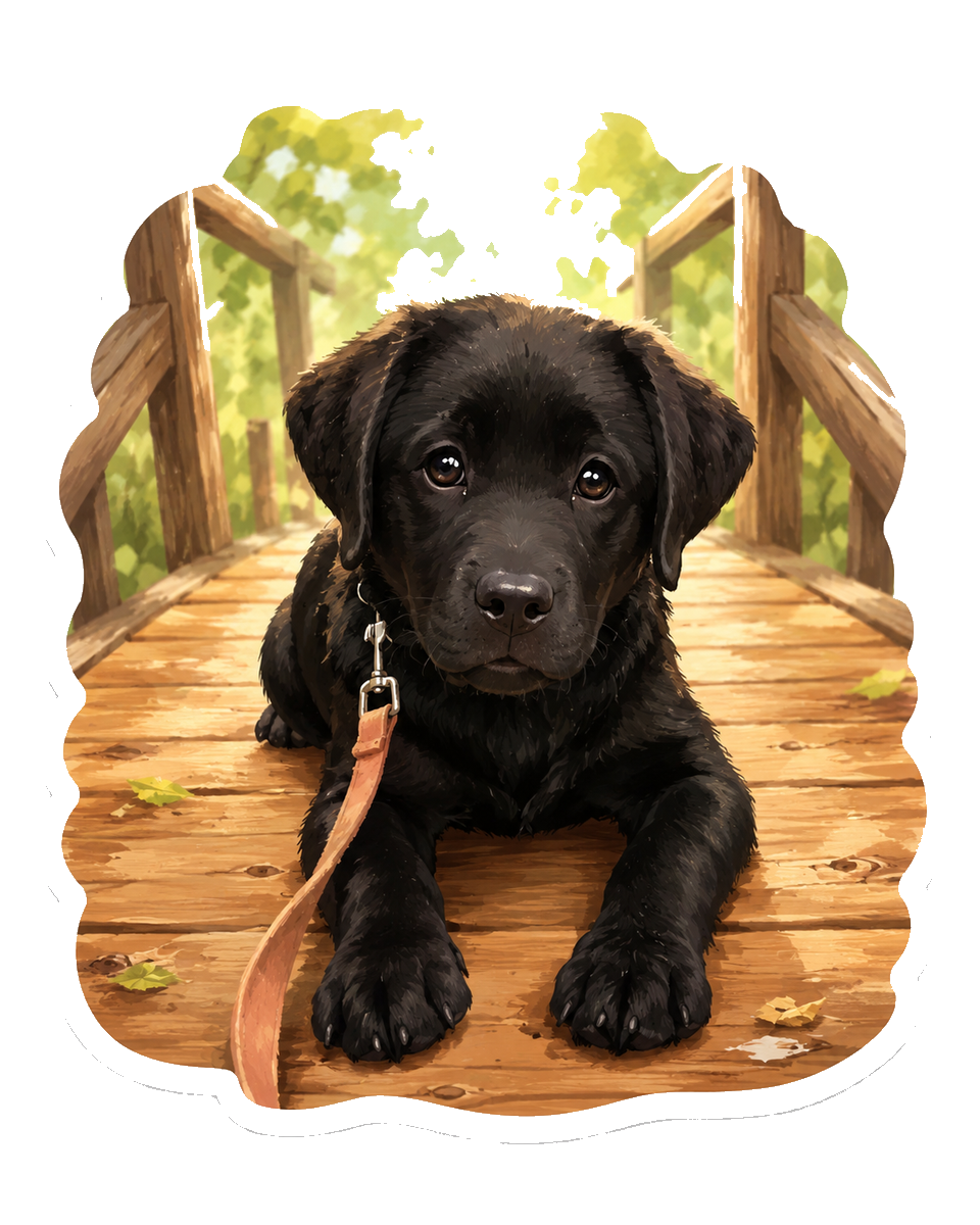 Black Labrador puppy on a wooden bridge
