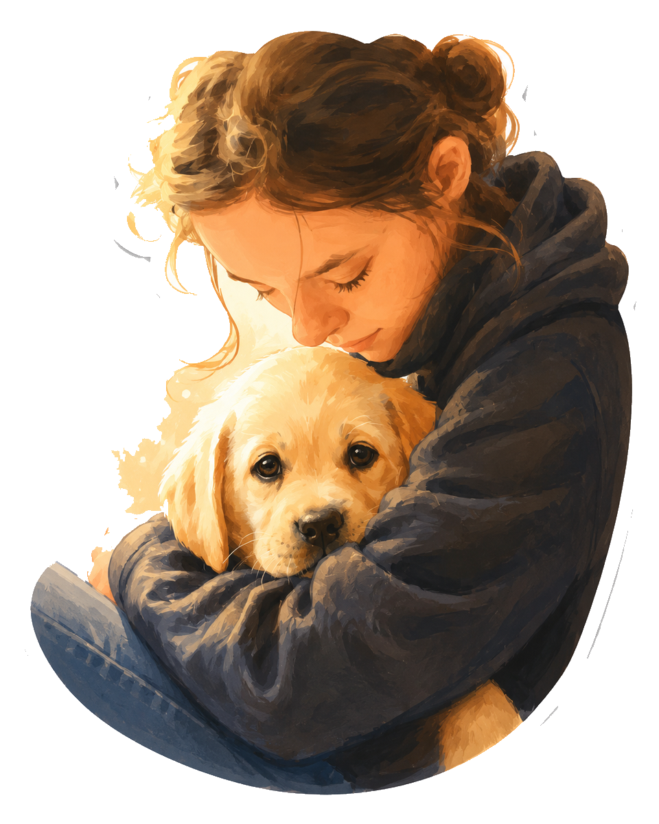 Illustration of a person holding a puppy