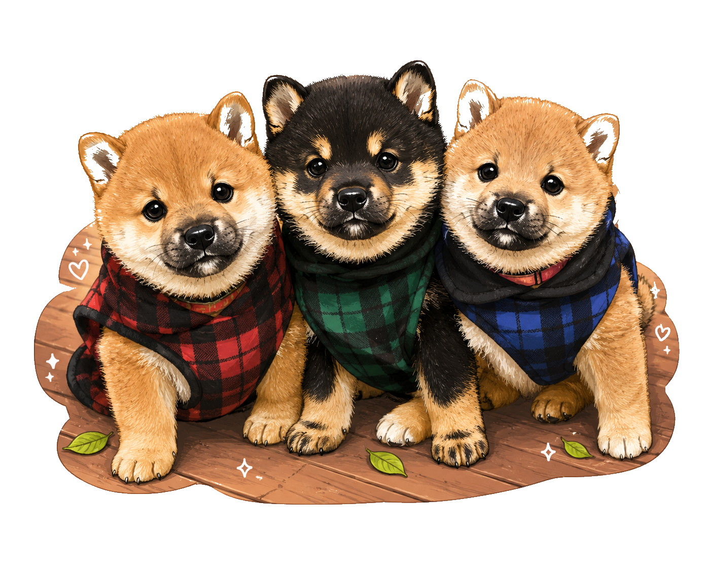 Three puppies wearing plaid bandanas