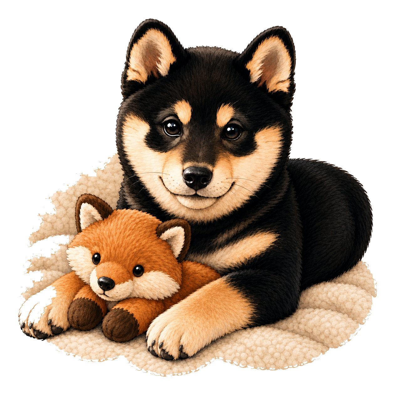Black and tan puppy with a plush toy